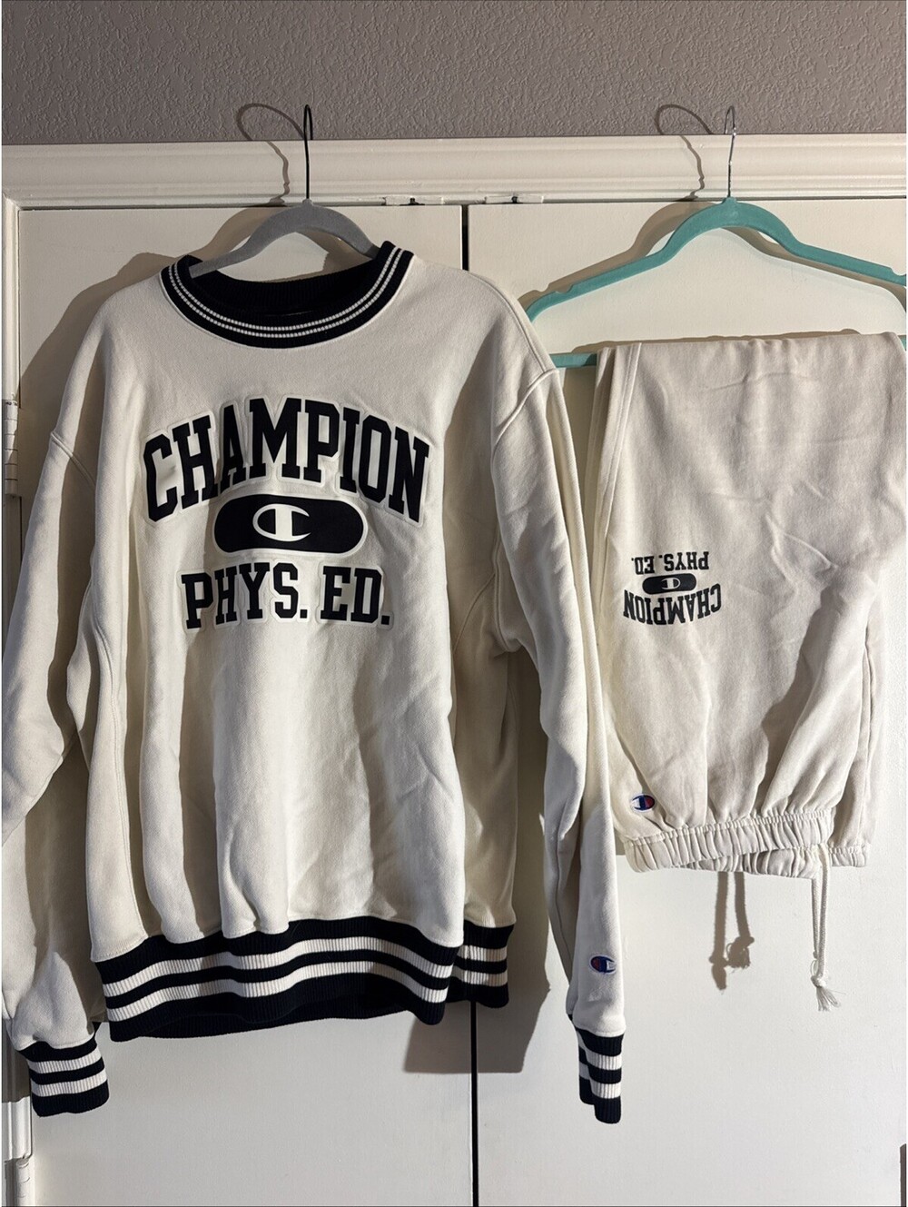 Champion Reverse Weave Sweatshirt Joggers Set Cream Off White Phys Ed Men L